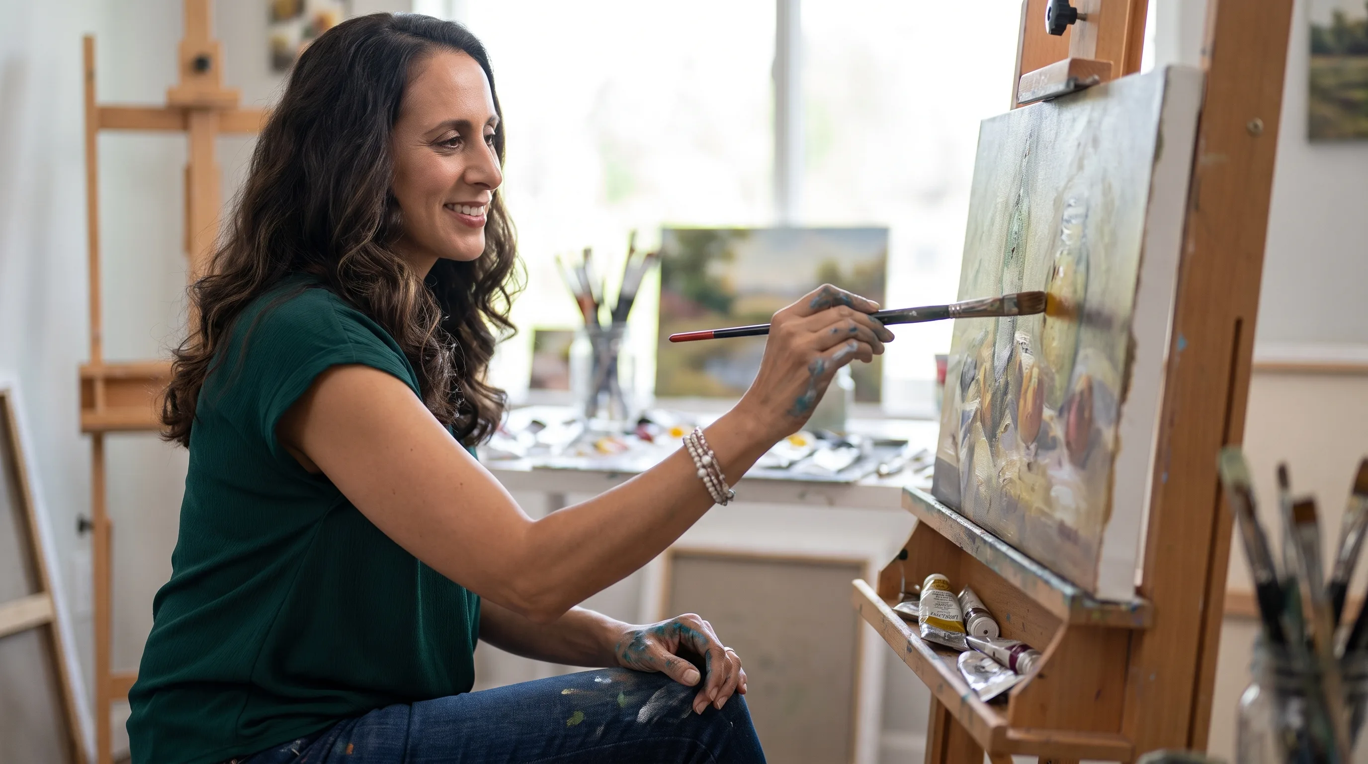 Elizabeth Cappelletti painting at an easel in a sunlit art studio