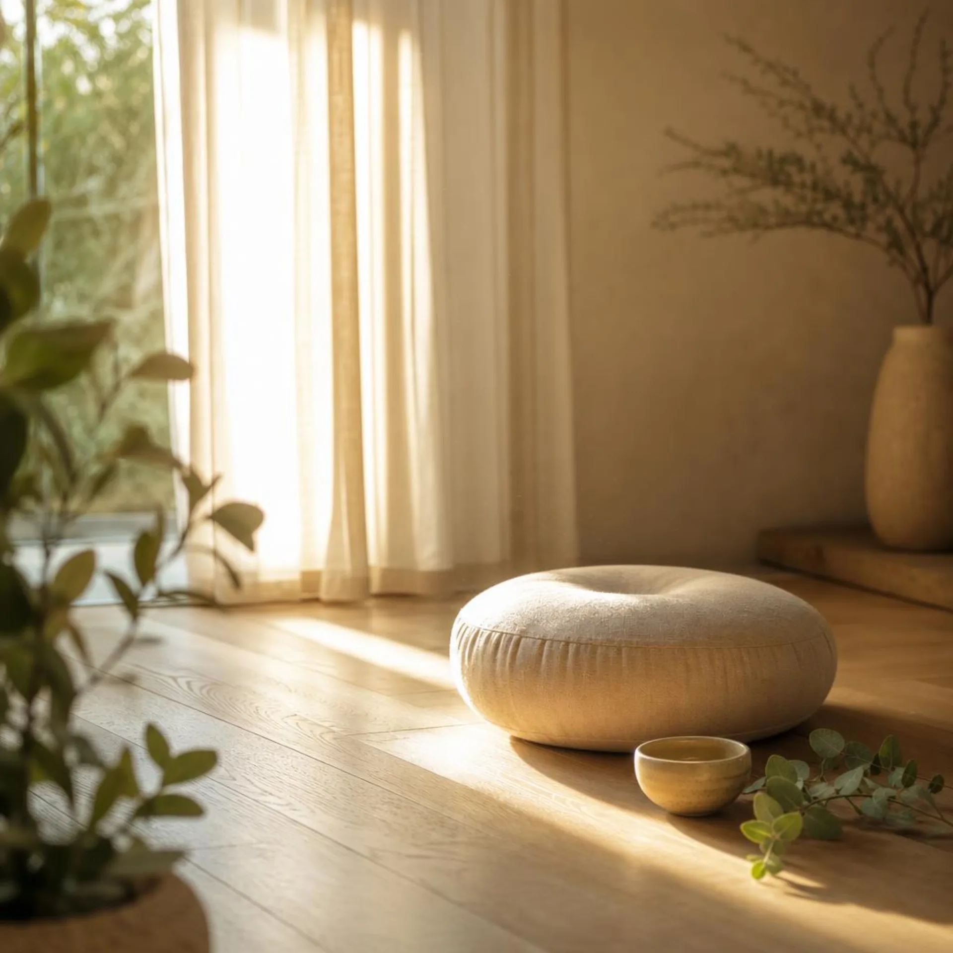 A quiet meditation corner with a cream floor cushion in warm morning light