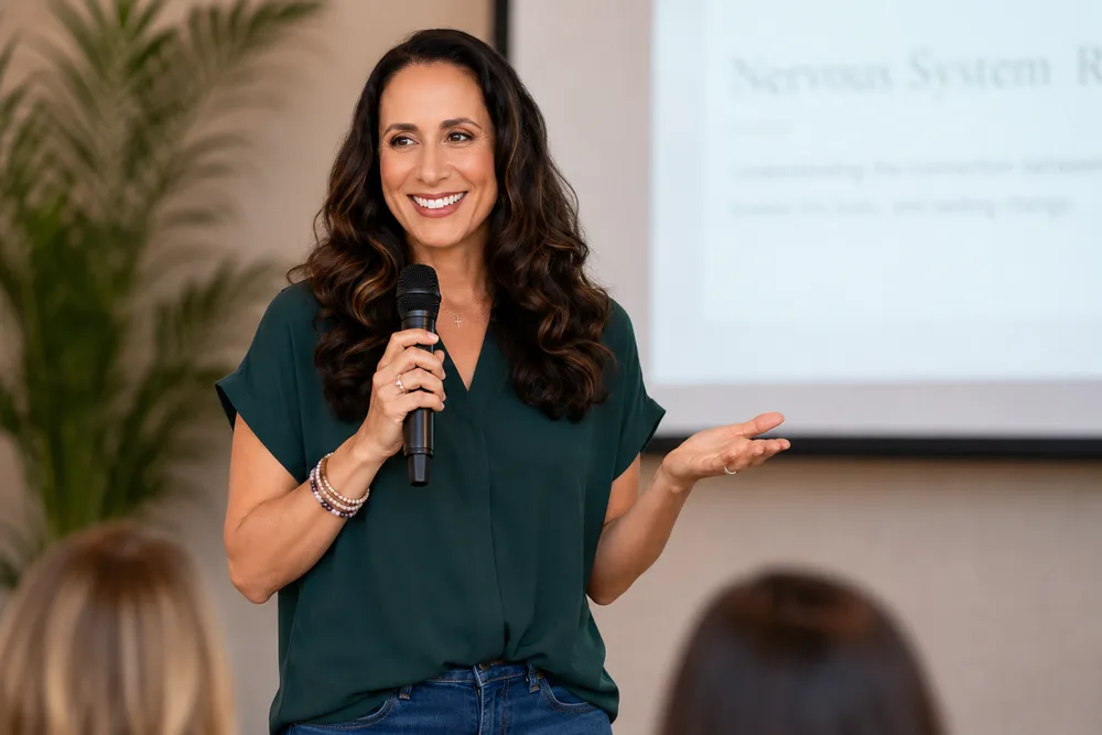 Elizabeth Cappelletti speaking with a microphone at a keynote engagement