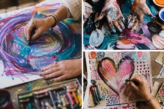 Collage of hands creating vibrant art — drawing, painting and craft in art therapy